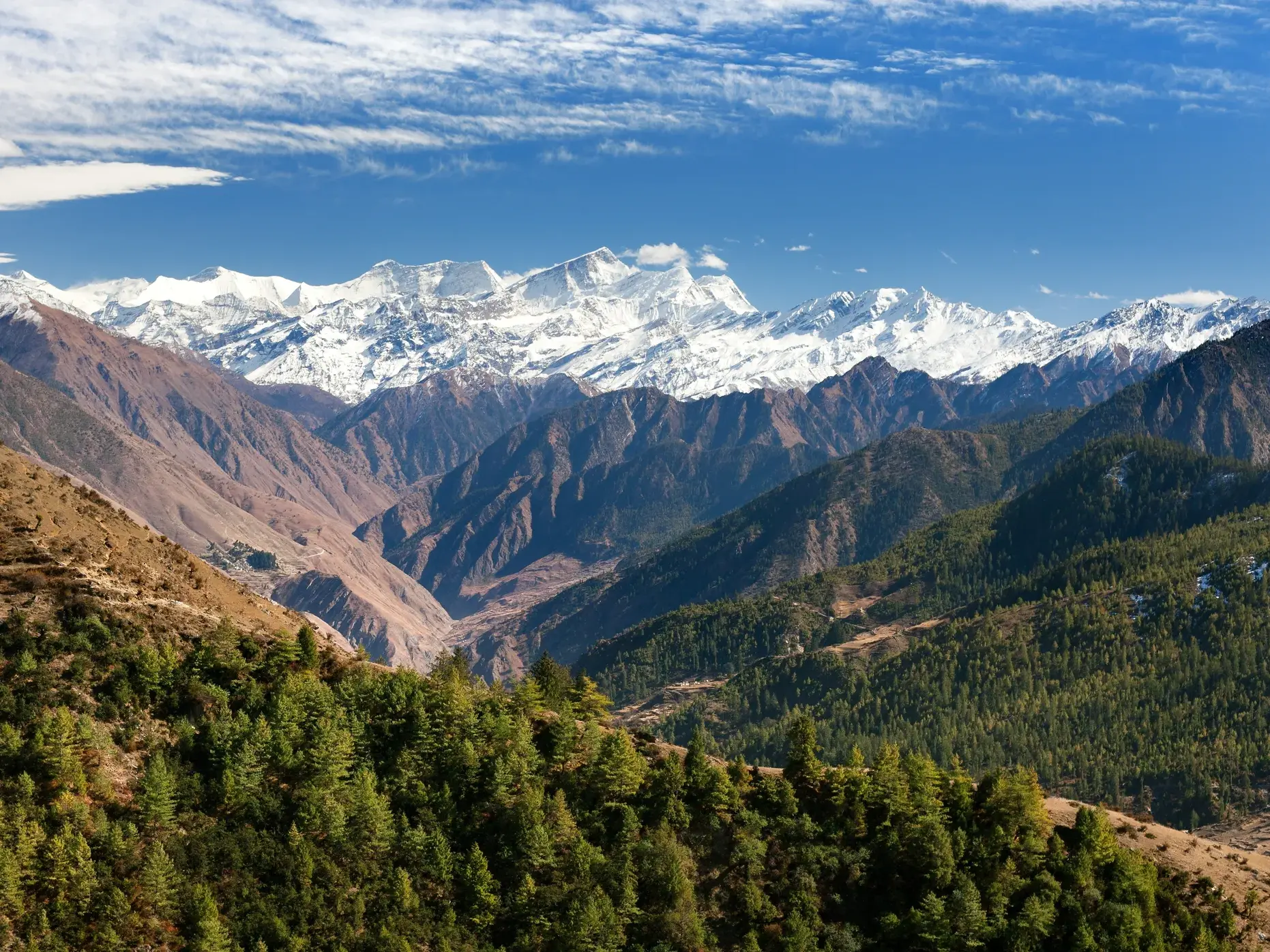 Weitblick beim Trekking im Dolpo: grüne Täler und tiefe Schluchten vor der schneebedeckten Gipfelkette des Himalayas.