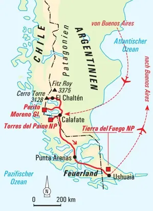 Karte der Wanderreise in Patagonien. Die Route in Argentinien & Chile führt von El Calafate über Torres del Paine nach Ushuaia.