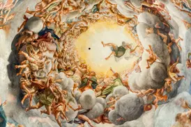 Die berühmte Illusionsmalerei von Künstler Correggio in der Kuppel des Doms von Parma zeigt die Himmelfahrt Mariens.