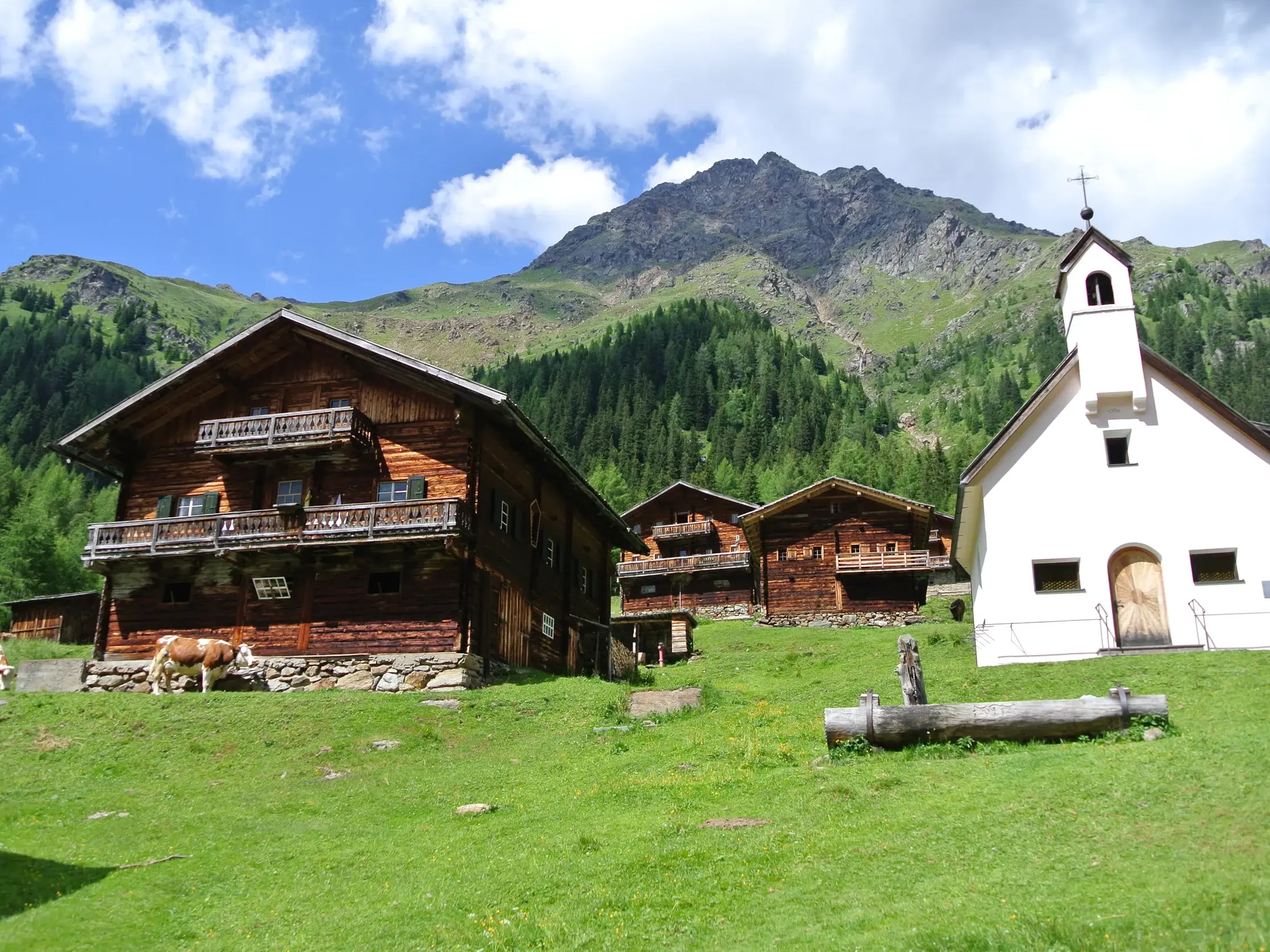 Idyllisches Almdorf Kalkstein im Villgratental mit traditionellen Holzhäusern, einer Kapelle und grasenden Kühen.