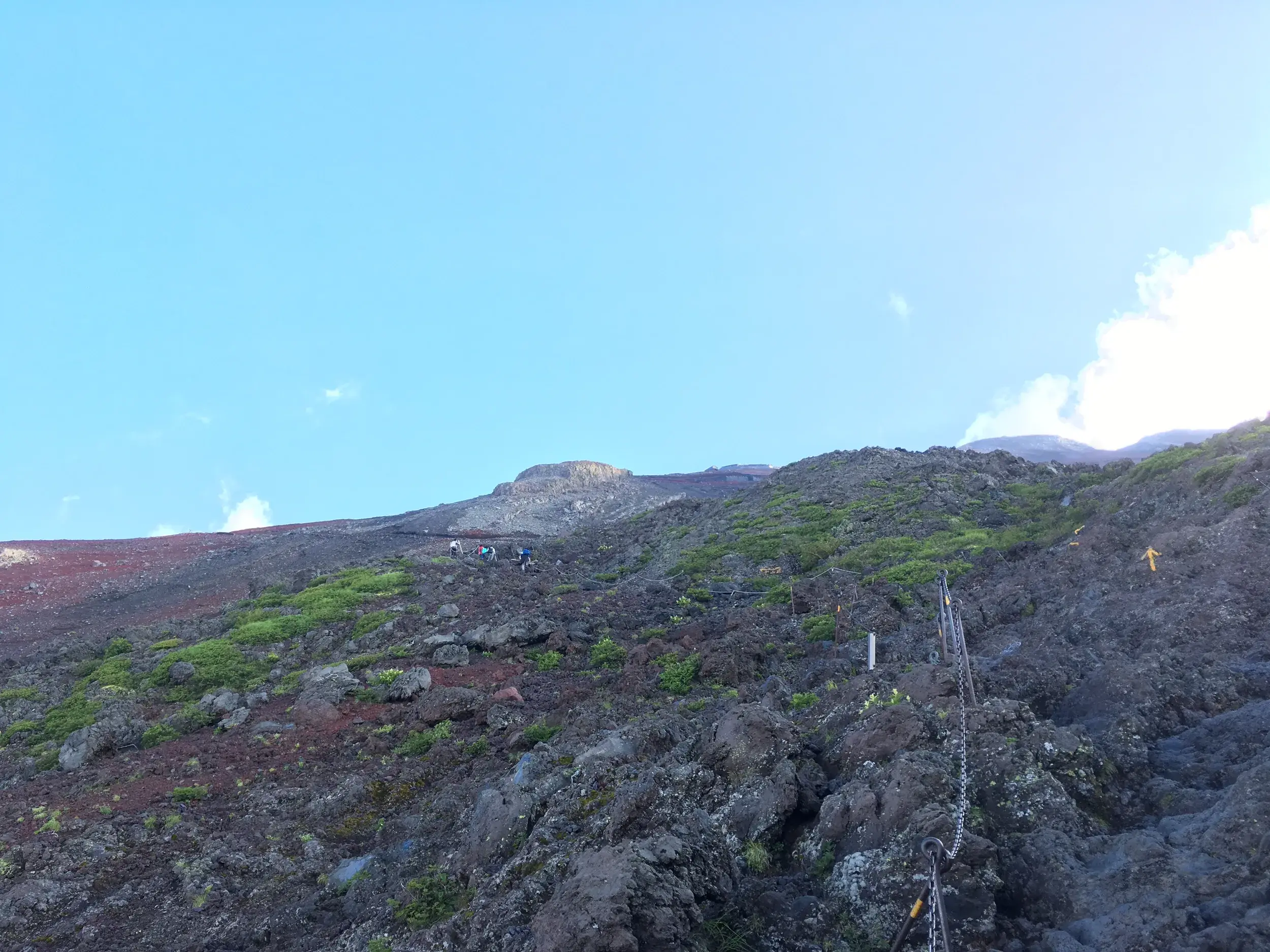 Eine kleine Wandergruppe beim anspruchsvollen Aufstieg zum Gipfel des Fuji-san über einen steilen Pfad aus Vulkangestein.