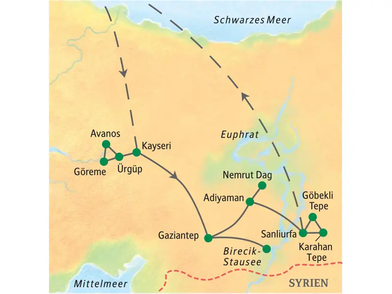 Karte der Studienreise in der Türkei. Route von Kayseri über Gaziantep nach Sanliurfa mit den Stationen Göreme, Nemrut Dag und Göbekli Tepe.