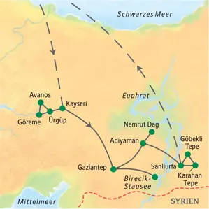 Karte der Studienreise in der Türkei. Route von Kayseri über Gaziantep nach Sanliurfa mit den Stationen Göreme, Nemrut Dag und Göbekli Tepe.
