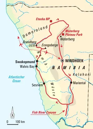 Karte der Namibia Wanderreise: Route von Windhoek über den Fish River Canyon, die Namib-Wüste und den Etosha Nationalpark.