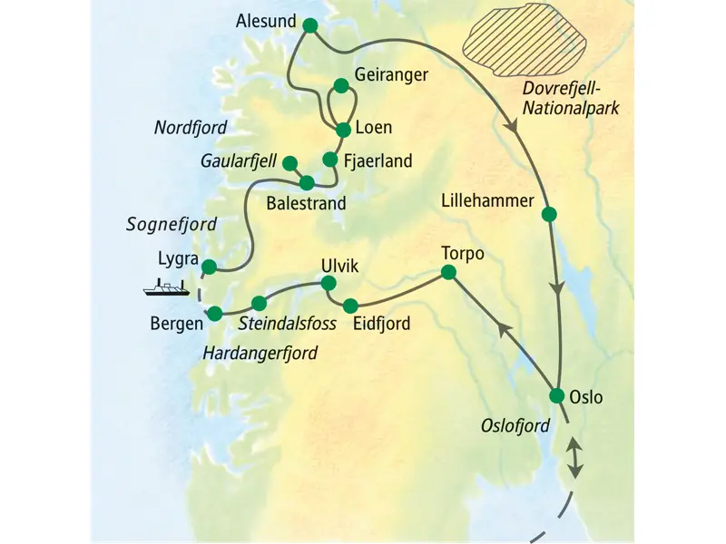 Unsere Reiseroute der Studienreise durch Norwegens Fjordland startet in Oslo und führt über Bergen, Geiranger und Alesund.