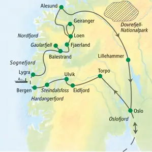 Unsere Reiseroute der Studienreise durch Norwegens Fjordland startet in Oslo und führt über Bergen, Geiranger und Alesund.