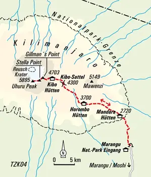 Karte des Kilimanjaro-Trekkings auf der Marangu-Route. Verlauf vom Marangu Gate über die Mandara- und Horombo-Hütten zum Uhuru Peak.