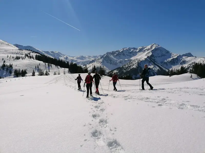 Eine geführte Gruppe beim Schneeschuhwandern durch eine sonnige, tief verschneite Berglandschaft der Kitzbüheler Alpen.