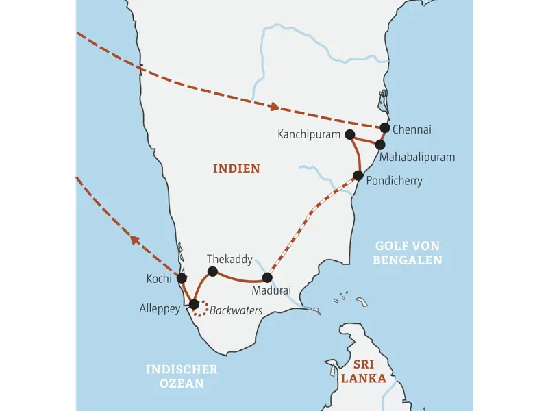 Die Reiseroute der Marco Polo Rundreise durch Südindien von Chennai über Mahabalipuram, Madurai und Thekkady bis nach Kochi.
