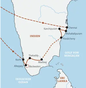 Die Reiseroute der Marco Polo Rundreise durch Südindien von Chennai über Mahabalipuram, Madurai und Thekkady bis nach Kochi.