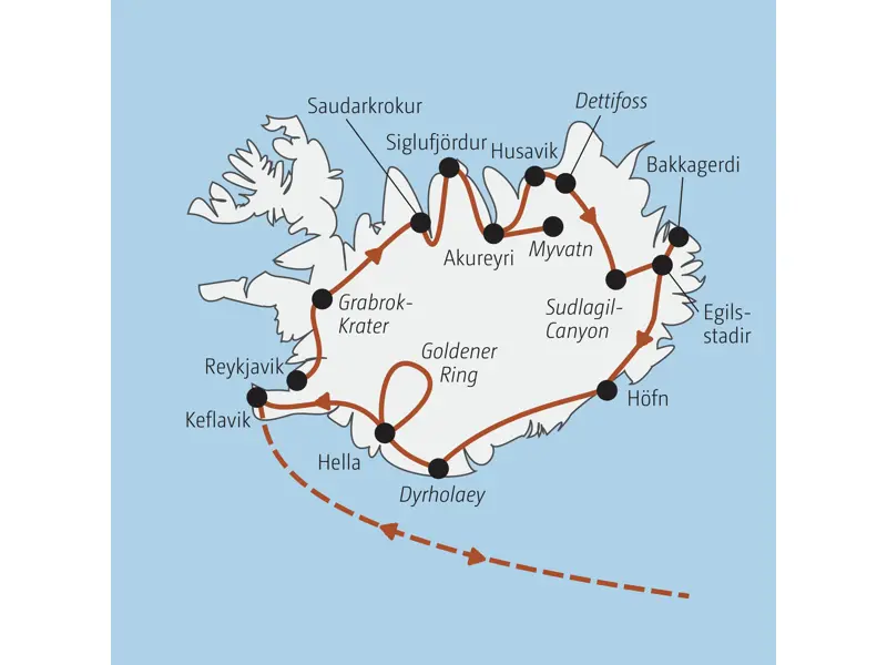Karte unserer geführten Rundreise in Island: Von Reykjavik über Akureyri und Egilsstadir entlang der Südküste zum Goldenen Ring.