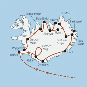 Karte unserer geführten Rundreise in Island: Von Reykjavik über Akureyri und Egilsstadir entlang der Südküste zum Goldenen Ring.