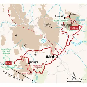 Karte der Trekkingreise in Kenia: Route von Nairobi zum Mount Kenya, dem Grabenbruch und der Safari in der Masai Mara.