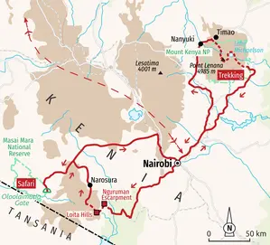 Karte der Trekkingreise in Kenia: Route von Nairobi zum Mount Kenya, dem Grabenbruch und der Safari in der Masai Mara.