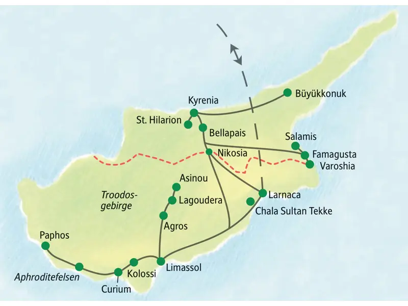 Karte der Studienreise auf Zypern, die Kyrenia, Nikosia, das Troodosgebirge, Paphos und Limassol in Nord- und Südzypern verbindet.