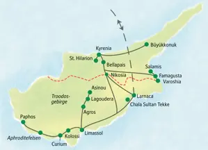 Karte der Studienreise auf Zypern, die Kyrenia, Nikosia, das Troodosgebirge, Paphos und Limassol in Nord- und Südzypern verbindet.