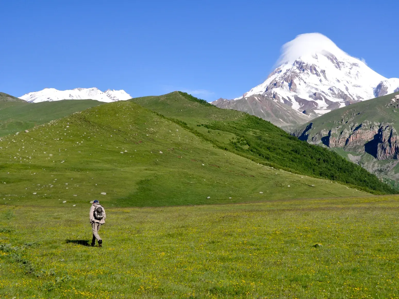 Ein Wanderer durchquert eine weite, grüne Almwiese mit Blick auf den schneebedeckten Gipfel des Berges Kasbek in Georgien.