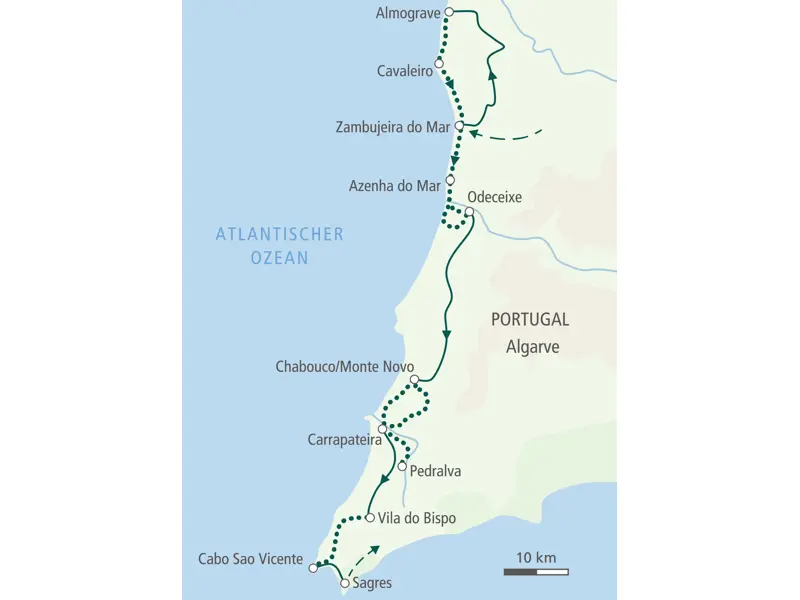 Karte der Wanderreise an Portugals Costa Vicentina. Die Route führt von Zambujeira do Mar über Carrapateira nach Sagres.