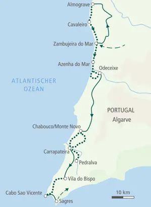 Karte der Wanderreise an Portugals Costa Vicentina. Die Route führt von Zambujeira do Mar über Carrapateira nach Sagres.