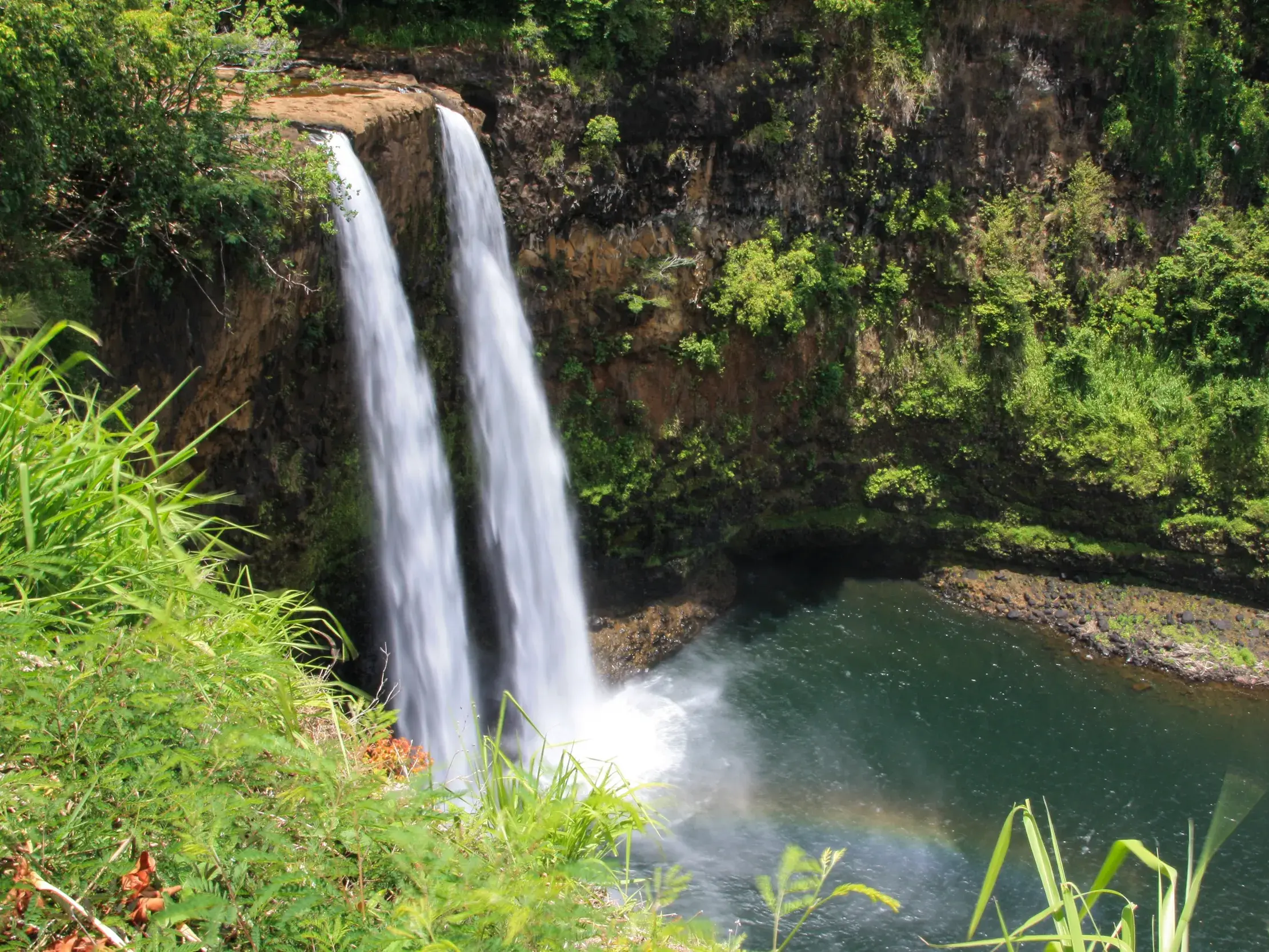Die Wailua-Zwillingswasserfälle auf Kauai stürzen von einer Felsklippe in ein tiefgrünes Becken, umgeben von Regenwald.