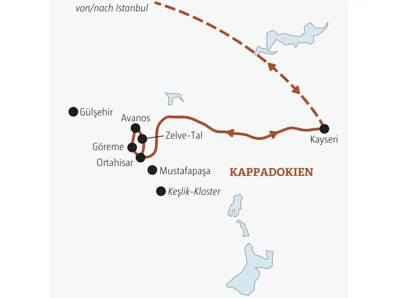 Karte der geführten Rundreise in Kappadokien: Flug von Istanbul nach Kayseri, Route durch das Zelve-Tal, Göreme und Avanos.