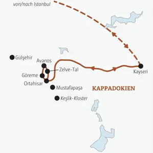 Karte der geführten Rundreise in Kappadokien: Flug von Istanbul nach Kayseri, Route durch das Zelve-Tal, Göreme und Avanos.