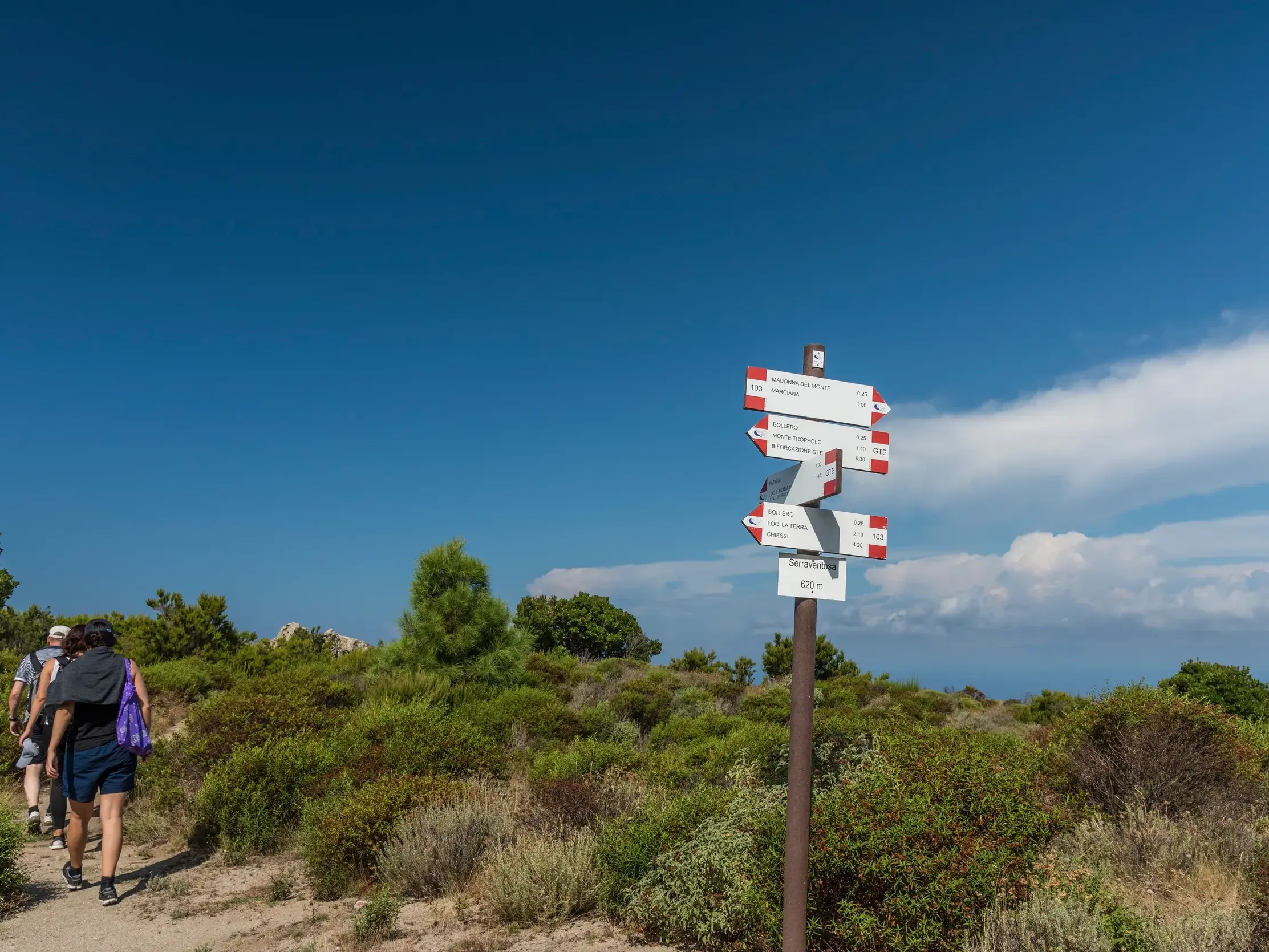 Wandergruppe folgt einem Wegweiser durch die mediterrane Macchia auf dem GTE-Trekkingweg auf Elba bei Sonnenschein.