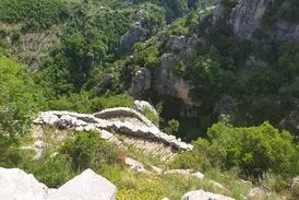 Historischer Steinweg am Rande der tiefen, grünen Vikos-Schlucht in der abgeschiedenen Zagori-Region Griechenlands.