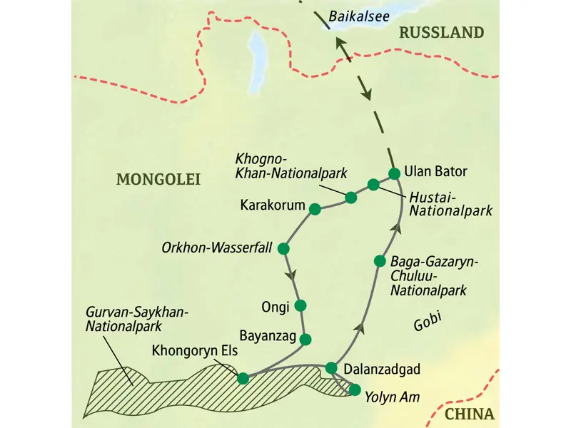 Reiseroute der Studiosus Expedition in der Mongolei: von Ulan Bator über Karakorum und durch die Wüste Gobi zurück.