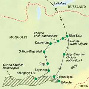 Reiseroute der Studiosus Expedition in der Mongolei: von Ulan Bator über Karakorum und durch die Wüste Gobi zurück.