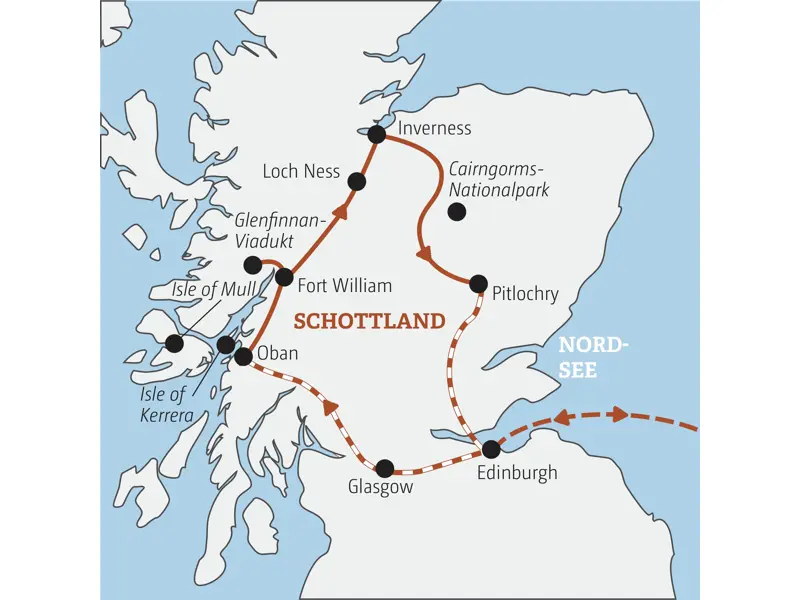 Karte der Marco Polo Rundreise durch Schottland: von Glasgow über Oban, Fort William, Inverness und Pitlochry nach Edinburgh.