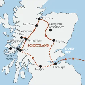 Karte der Marco Polo Rundreise durch Schottland: von Glasgow über Oban, Fort William, Inverness und Pitlochry nach Edinburgh.