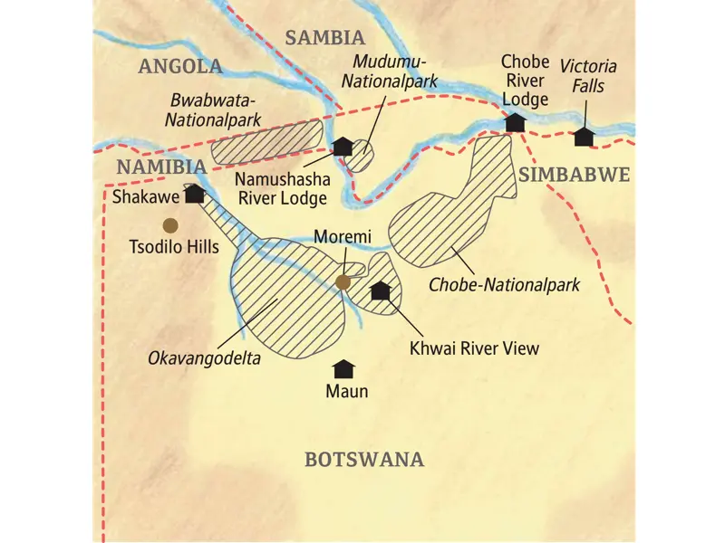 Karte der Kleingruppenreise durch Botswana, Namibia und Simbabwe von Maun über das Okavangodelta bis zu den Viktoriafällen.