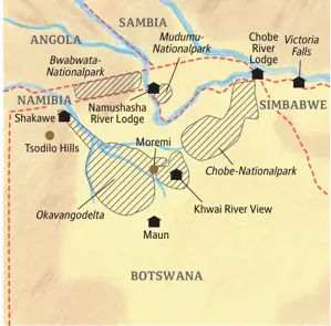 Karte der Kleingruppenreise durch Botswana, Namibia und Simbabwe von Maun über das Okavangodelta bis zu den Viktoriafällen.