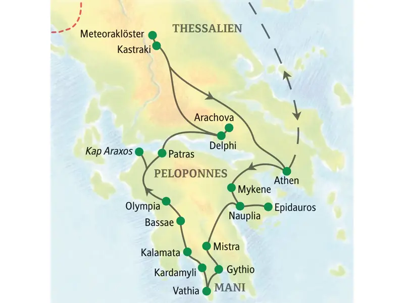 Routenkarte der Griechenland-Wanderreise von Athen über den Peloponnes mit Olympia und Delphi bis zu den Meteoraklöstern.