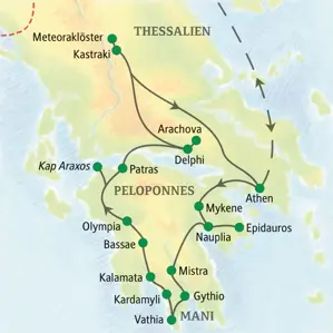 Routenkarte der Griechenland-Wanderreise von Athen über den Peloponnes mit Olympia und Delphi bis zu den Meteoraklöstern.
