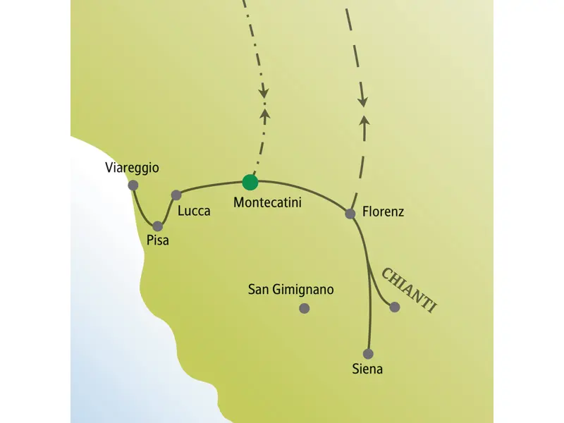 Übersichtskarte der Singlereise in die Toskana mit Ausflügen ab Montecatini nach Pisa, Lucca, Florenz, Siena und ins Chianti.