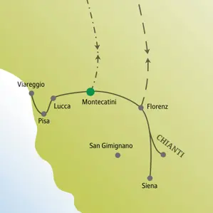 Übersichtskarte der Singlereise in die Toskana mit Ausflügen ab Montecatini nach Pisa, Lucca, Florenz, Siena und ins Chianti.