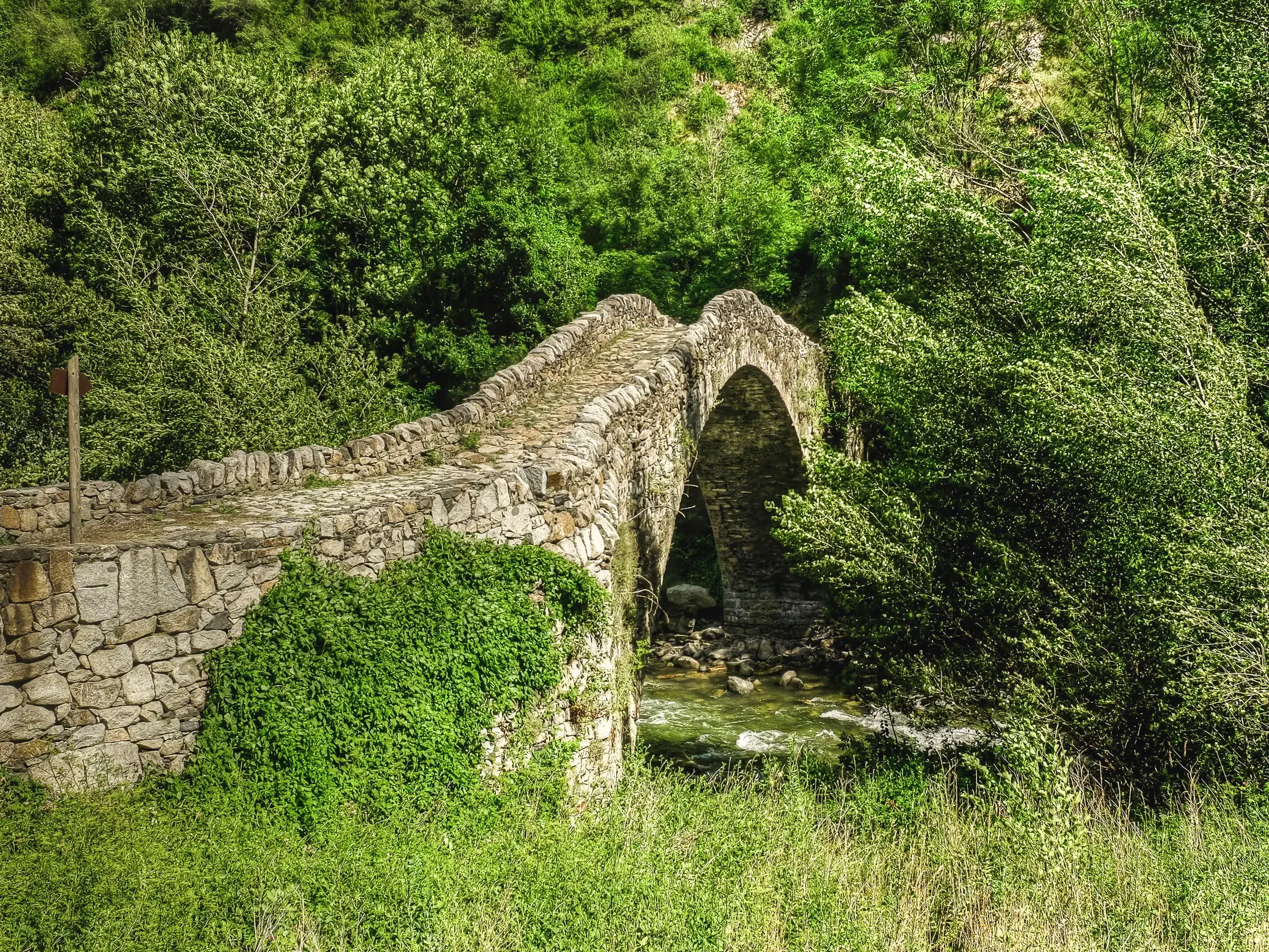 Historische Steinbogenbrücke im grünen Madriu-Tal, UNESCO-Welterbe, während einer Wanderung in den Pyrenäen von Andorra.