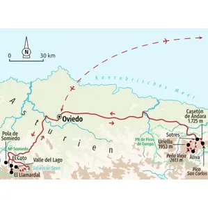 Karte unserer Trekkingreise in Asturien: Die Route führt von Oviedo in den Naturpark Somiedo und ins Herz der Picos de Europa.