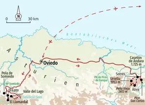 Karte unserer Trekkingreise in Asturien: Die Route führt von Oviedo in den Naturpark Somiedo und ins Herz der Picos de Europa.