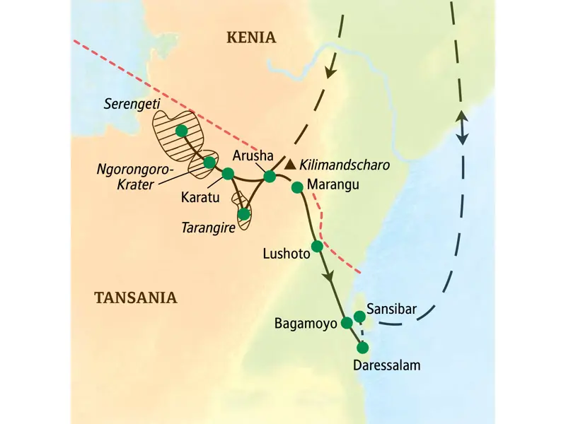 Karte der Studiosus Studienreise in Tansania: von Arusha zur Serengeti, zum Ngorongoro-Krater und über die Küste bis Sansibar.