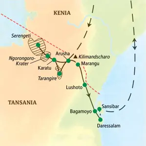 Karte der Studiosus Studienreise in Tansania: von Arusha zur Serengeti, zum Ngorongoro-Krater und über die Küste bis Sansibar.