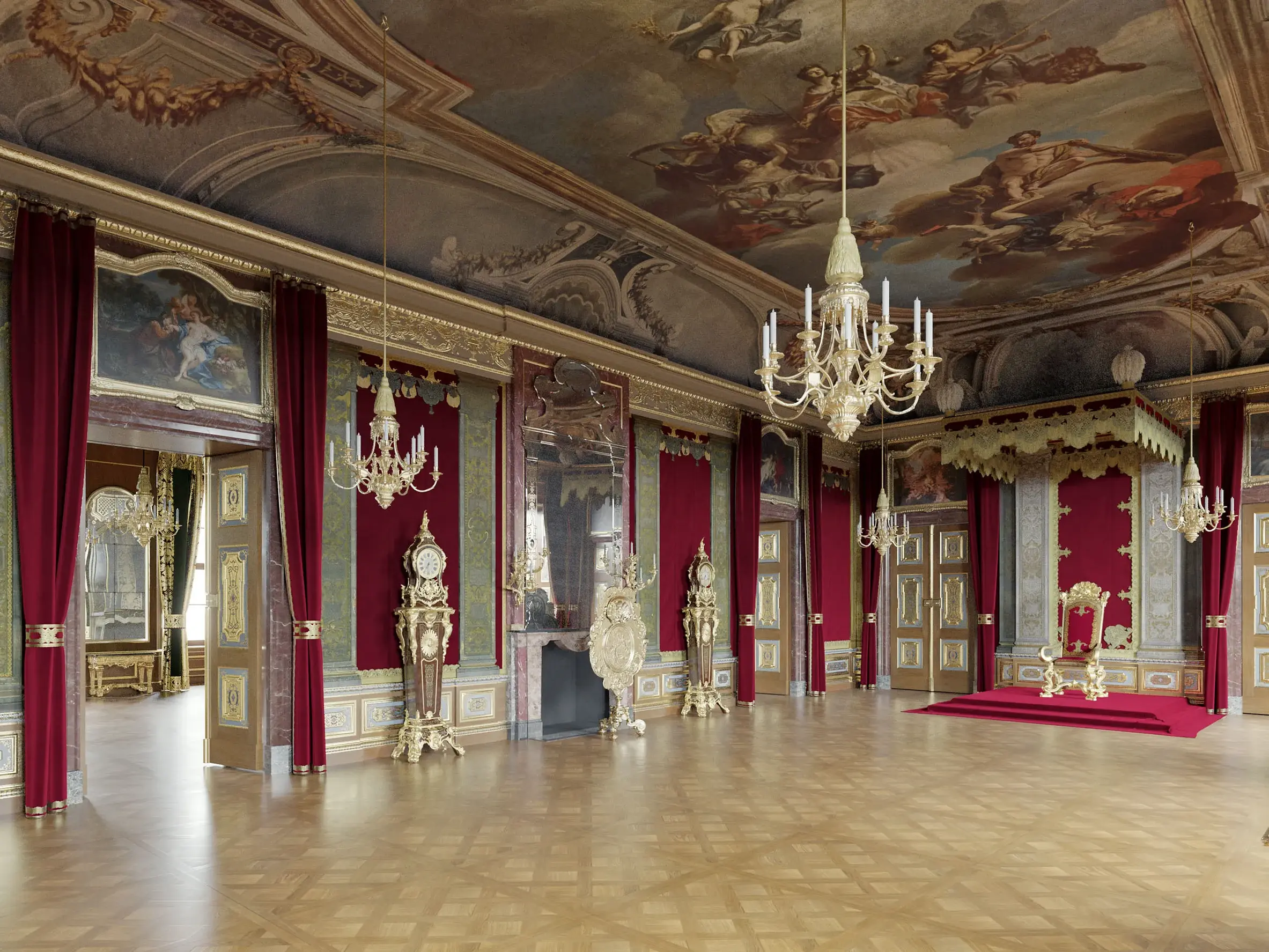 Prunkvoller Thronsaal mit Deckenfresken und Baldachin im Dresdner Residenzschloss