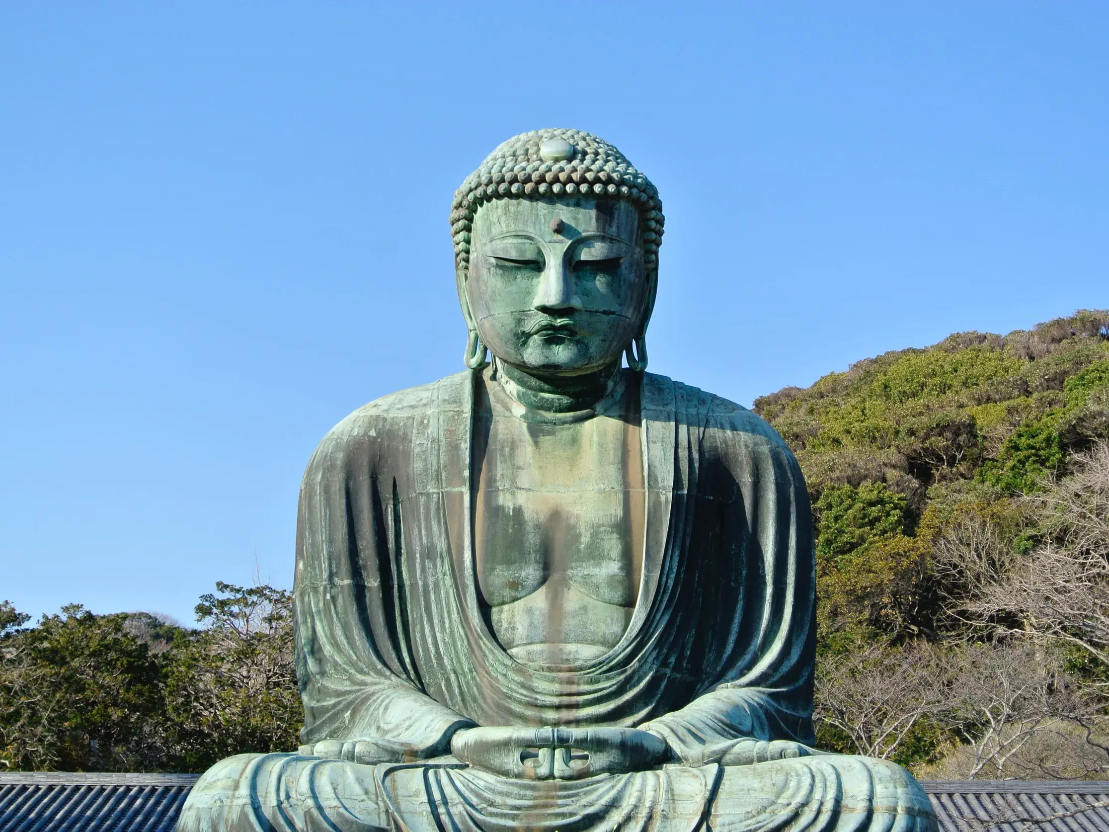 Der berühmte Große Buddha von Kamakura, eine sitzende Bronzestatue, vor dem Hintergrund bewaldeter Hügel an einem sonnigen Tag.