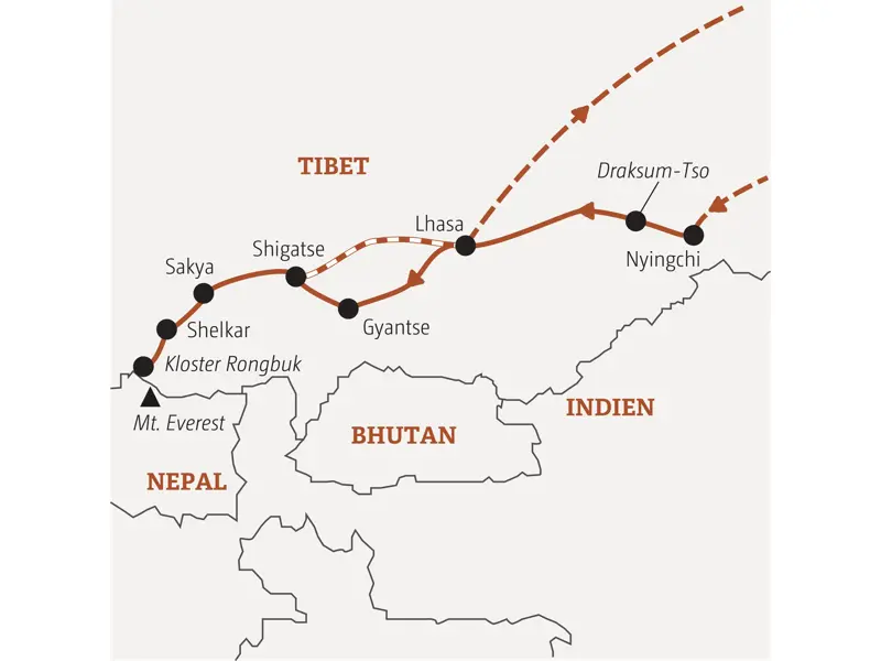 Karte unserer geführten Rundreise in Tibet von Nyingchi über Lhasa und Gyantse zum Kloster Rongbuk nahe dem Mt. Everest.