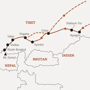 Karte unserer geführten Rundreise in Tibet von Nyingchi über Lhasa und Gyantse zum Kloster Rongbuk nahe dem Mt. Everest.