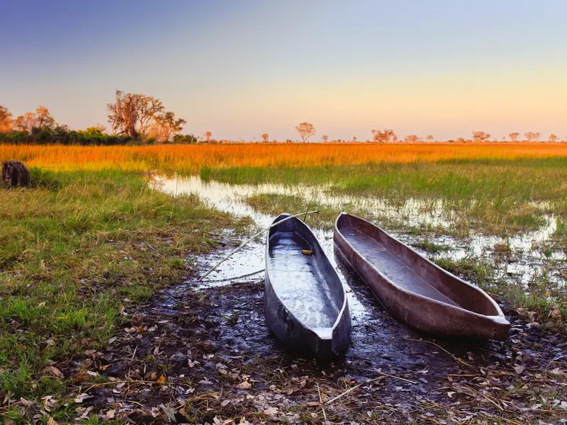 Zwei traditionelle Einbaum-Boote (Mokoros) am Ufer der weiten Graslandschaft des Okavango Deltas bei Sonnenuntergang.