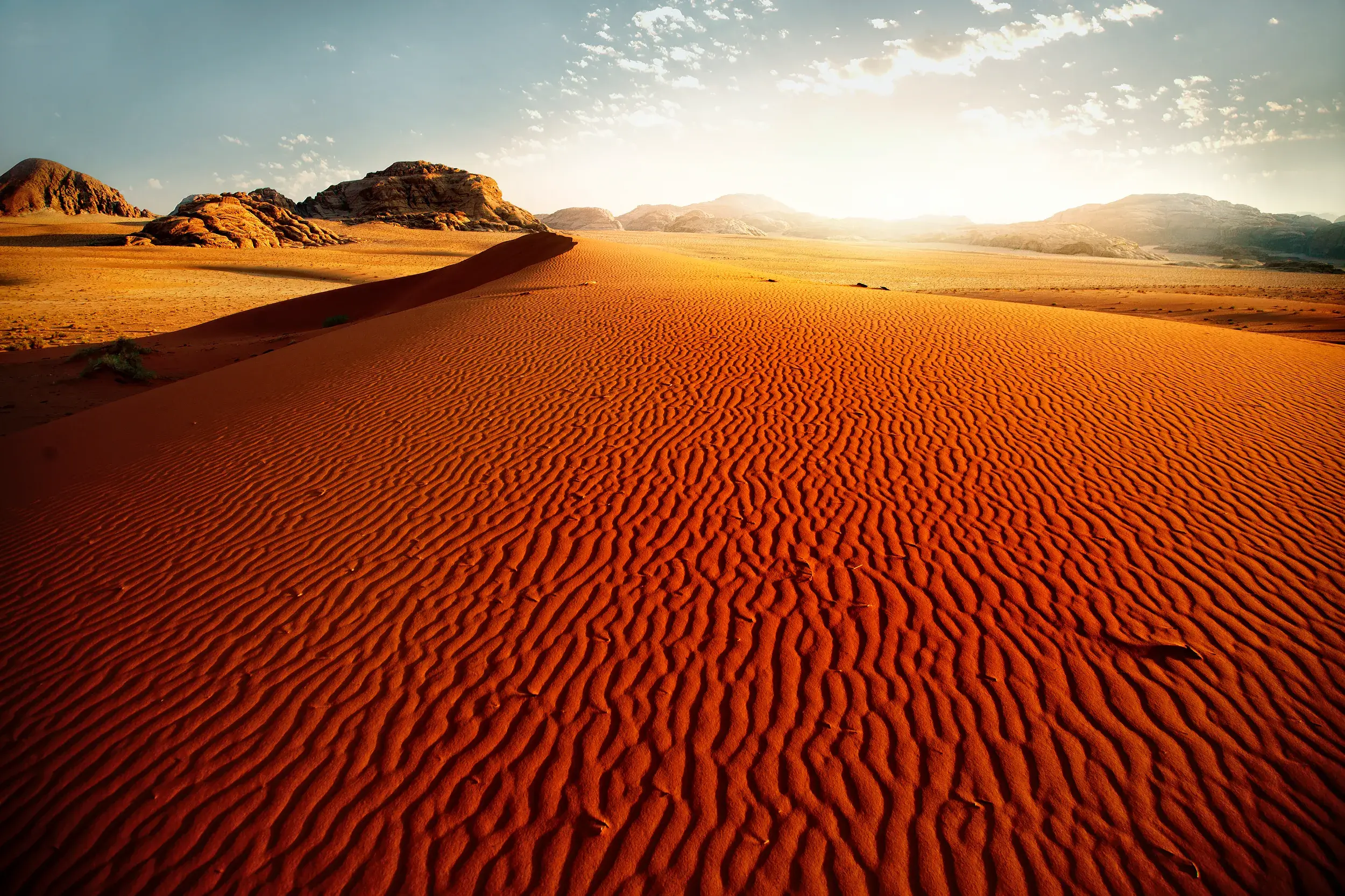 Die untergehende Sonne taucht die geriffelten, roten Sanddünen und Felsformationen im Wadi Ram in ein warmes Licht.
