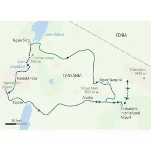 Karte der Hauser Trekkingreise in Tansania vom Ngorongoro-Krater über den Lake Empakaai zum Lake Natron und zurück nach Arusha.